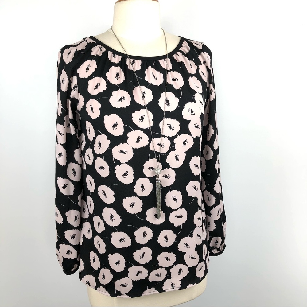 LOFT Size SP Petite Long Sleeves Black Soft Pink Poppies Floral Print Bl…